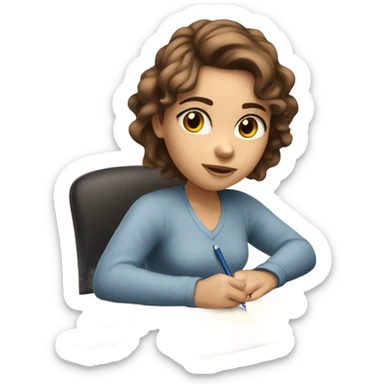 White Smart brown hair girl with blue eyes and light skin doing Homework on a desk writing on a piece of paper  sticker