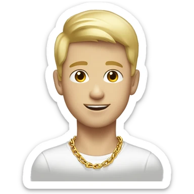 “Create an emoji-style character of a young white boy with short blonde hair, wearing gold chains around his neck. The design should have a modern, trendy, and vibrant aesthetic, suitable for use as an expressive emoji.” sticker