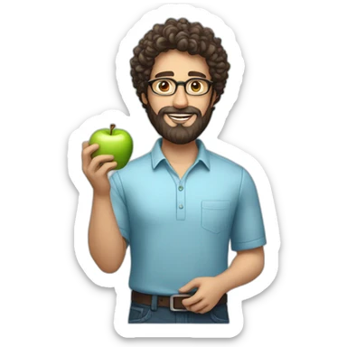 A male nutritionist with a full beard and dark, curly hair and white skin, wearing glasses, holding an apple in his hand. Who has a light blue shirt on. sticker