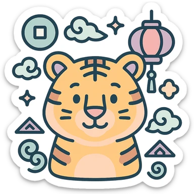 tiger, symbol of the year in feng shui, Chinese style, thin clean outlines, soft rounded shapes, pastel palette #98B5BC, #B5B3C1, #C9A3C9, #E4C0CA, #F7DCD1, #F7C0AA, modern Japanese pop art and sticker aesthetics, detailed shadows and highlights, soft lighting, transparent background, with Chinese decor (coins, lanterns, clouds, patterns) sticker
