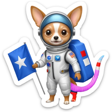 a chihuahua in space suit, holding blue rectangle flag, full body, front view sticker