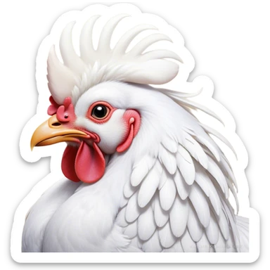 Meme-Worthy Cute Sleeping White Rooster Portrait Emoji, Head resting peacefully with a contented smile, showcasing a robust build and a luxuriously soft pure white plumage, eyes shut in a serene, restful nap, Simplified yet hilariously adorable features, highly detailed, glowing with a soft, drowsy light, high shine, relaxed and utterly lovable, stylized with an air of playful laziness, bright and heartwarming, soft glowing outline, capturing the essence of a comically sleepy rooster, so meme-worthy it feels like it could instantly become the next viral sensation of adorable slumber! sticker