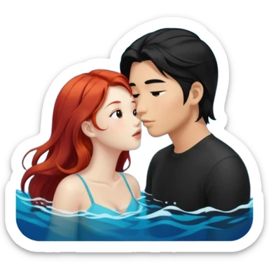 long black haired asian guy kiss redhead girl in ocean sticker
