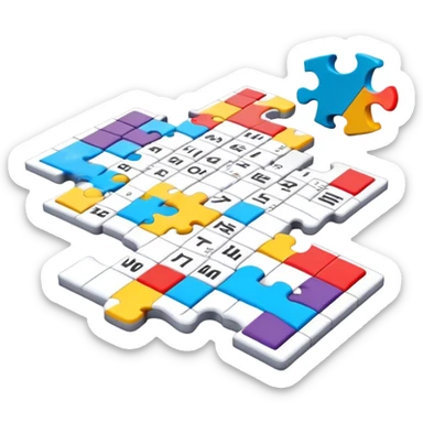 A photorealistic icon with a colorful, fragmented puzzle piece, a crossword magazine, a 3D puzzle, and a partially completed puzzle on a table. Bright, detailed design with realistic lighting. Transparent background, clearly symbolizing puzzles and brain games. sticker