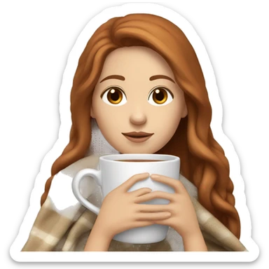 white girl with reddish brown long hair and brown eyes with blanket wrapped about shoulders and sipping tea sticker