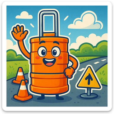 Make a fun cartoon scene with the orange road construction barrel as the main character. Add a bright, playful background with a road, some traffic cones, and a blue sky with clouds in the style of cartoonish stickers. sticker