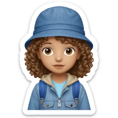 A little girl student curly brown hair, with jean bucket hat, beige jacket, blue backpack sticker