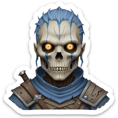 Cinematic Realistic WoW Undead Warrior Portrait, depicted with decayed yet noble features, his weathered, pallid skin etched with ghostly blue veins and ancient scars. Clad in modest, tattered attire in muted browns and greys that remain consistently rugged, his hollow eyes burn with determined defiance. Rendered with lifelike texture and dramatic natural lighting, high shine, noble and resilient, capturing the stoic spirit of an undead veteran of Azeroth. sticker