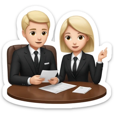 man in formal suit talking to woman in formal suit, they sit, papers in hands on the table sticker