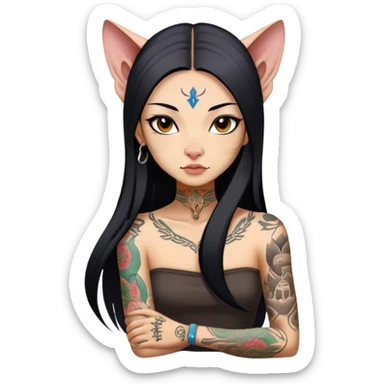 a Chinese girl with long black  straight hair and tattoos and Sphynx sticker