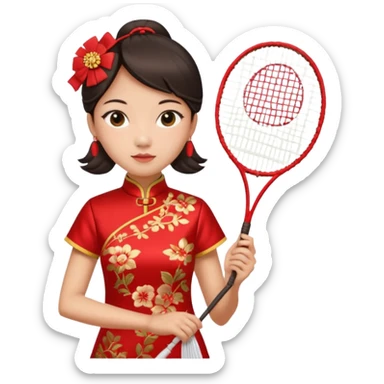 ancient cheongsam girl with 1 badminton racket, red sticker
