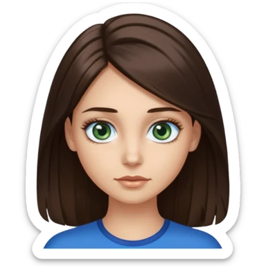 long dark brown hair with highlights in the front, big blue eyes clear skin with neck and green top on add long eyelashes sticker