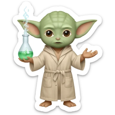 A full-body Baby Yoda figure in his light brown linen robes, dressed as a scientist. Place a white lab coat over his robes, and make sure his skin tone is olive or seafoam green, with slightly pinkish tones on his ears sticker
