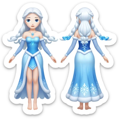 An ice Snow Maiden character with two arms and two legs, full body, front view, back view, side view, three-quarter view, consistent character design, translucent ice material, winter fairy tale style. sticker