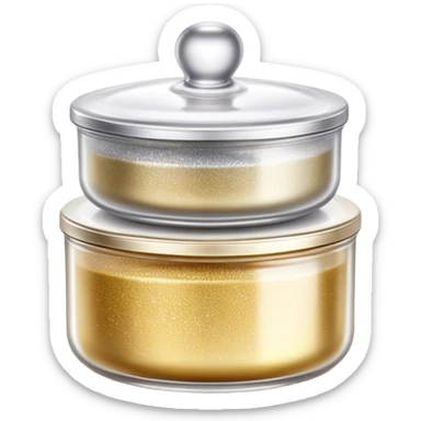 Cinematic Realistic Glitter Jars, elegant glass containers filled with ultra-fine shimmering gold and silver dust, light catching the tiny specks in a mesmerizing glow, slightly open lids revealing the rich, sparkling texture inside, set against a softly blurred background, radiating a sense of enchantment and wonder. sticker