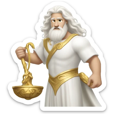 white man Poseidon lift gold weight . long white hair white dress. sticker