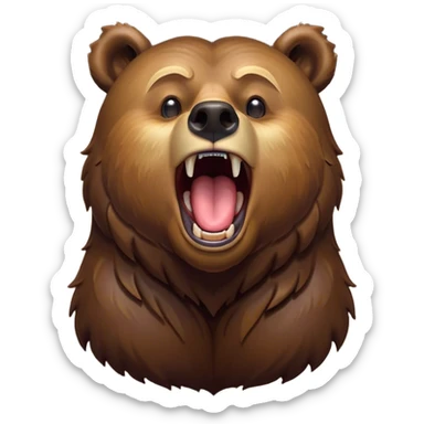 Cinematic Cute Yawning Grizzly Bear Portrait Emoji, Head tilted slightly with a dramatic, wide-open yawn, showcasing a thick, rugged deep brown fur with drooping ears, round eyes barely open in drowsy contentment, Simplified yet irresistibly adorable features, highly detailed, glowing with a soft, cozy glow, high shine, relaxed yet expressive, stylized with a touch of wild whimsy, bright and endearing, soft glowing outline, capturing the essence of a sleepy yet affectionate grizzly, so drowsy it feels like it could stretch out of the screen and curl up for a nap! sticker