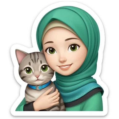Asian White girl wearing cute green hijab holding a black grey tabby cat while smiling. The cat is wearing a blue collar sticker