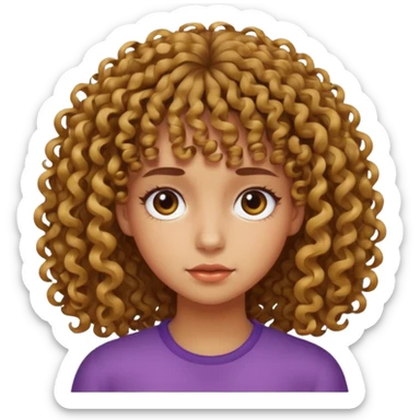 Fais un emoji d une fille avec les cheveux bouclés et une frange bouclés tordu mal faite la fille doit etre un peu mate de peau sticker