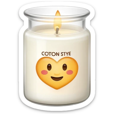 minimal flat emoji of a white scented candle in a glossy white glass jar with the label “cotton”, soft warm glow, clean vector style, elegant and modern, transparent background lux style sticker