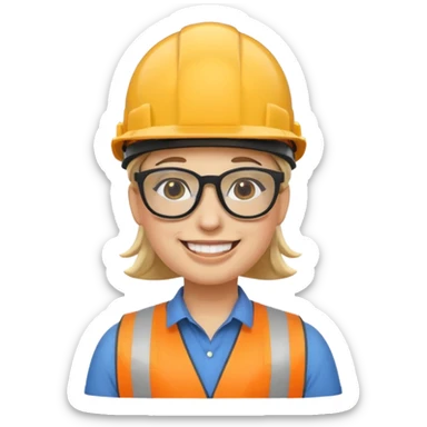 personnage emoji avec casque de chantier, logo SRE sur le casque, lunettes swag, sourire éclatant, style emoji Apple sticker