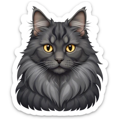 Portrait of a black smoke Maine Coon cat with long grey ear tufts and a large grey ruff around its neck. The cat has a majestic expression, with fluffy fur and striking eyes. Transparent background. sticker