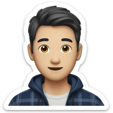 A asian young man with no beard,  short brown hair, exuding confidence, clad in a navy blue checked flannel shirt. sticker