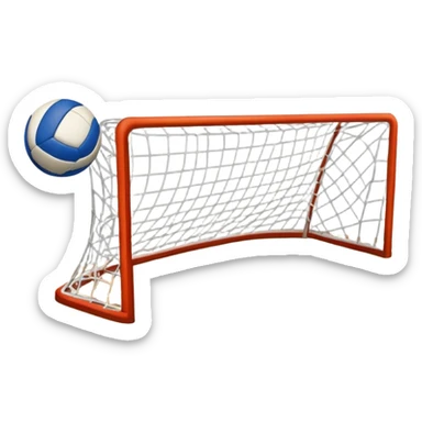A handball thrown towards the goal by close-up hand, with the goalposts and court lines in the background. The scene captures the power and precision of the throw, with the net of the goal in focus, emphasizing the dynamic action of the sport. sticker