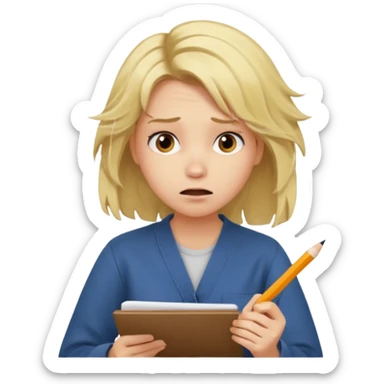 young blonde disheveled hair woman is writing an exam in panic sticker