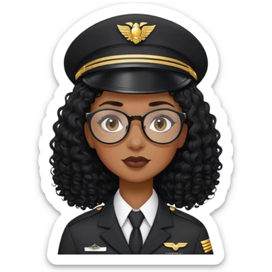 femme pilote d'avion en uniforme noir aux cheveux bouclés noir et petites lunettes arrondis identique avec des cheveux très long et la peau noir mais légèrement plus claire  sticker