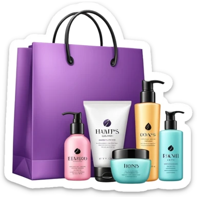 Gift bag with beauty products (shampoo, creams, styling products), a gift bag is beautyful open box full of luxury brand-labeled beauty products sticker