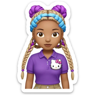 hello kitty wearing purple polo shirt and kyaki pants with long box braids baddie sticker