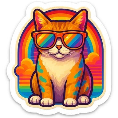 Add a vibrant, colorful background behind the cat with rainbow sunglasses, keep the retro stickers style the same. sticker
