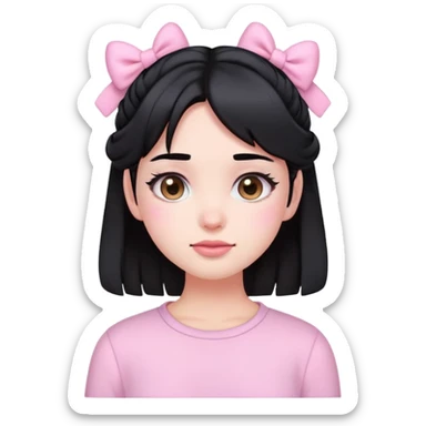a pretty emoji girl with black hair wearing light pink clothes, cutecore style, with light pink clips in her hair sticker