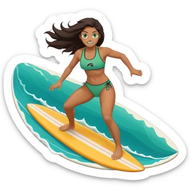 rk female surfer riding big turquoise wave, muscular green body, fierce tusked grin, sporty bikini top and board shorts, long windswept dark hair, focused eyes, surfboard under feet, minimal ocean and sky background, centered emoji, vibrant summer colors, sticker style sticker