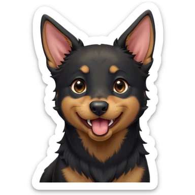 Cinematic Cute Yawning Black and Tan Kelpie Portrait Emoji, Head tilted slightly with a dramatic, wide-open yawn, showcasing a smooth black Fur with distinct tan accents, floppy ears slightly drooping, round dark eyes barely open in drowsy contentment, Simplified yet irresistibly adorable features, highly detailed, glowing with a soft, cozy glow, high shine, relaxed yet expressive, stylized with a touch of whimsy, bright and endearing, soft glowing outline, capturing the essence of a sleepy yet affectionate herder, so drowsy it feels like it could stretch out of the screen and curl up for a nap! sticker