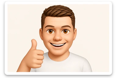 Based on these photos, make an emoji with facial features intact, a man in a white T-shirt, giving a thumbs up and smiling approvingly sticker