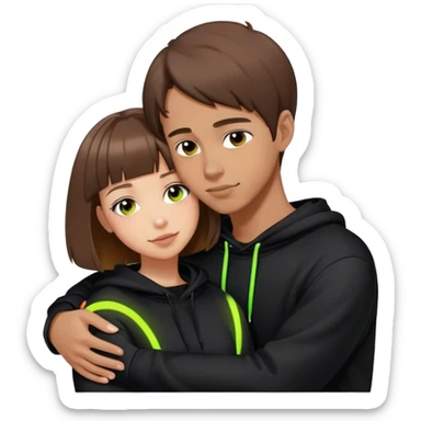 cyberpunk a girl with brown hair, a bob haircut, hugs a guy by the neck, both in black hoodies with neon sticker