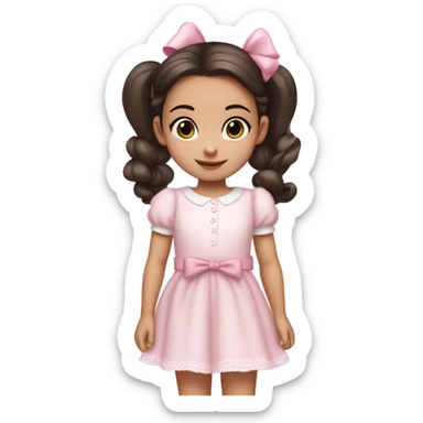 Little 3 year old Girl with light white skin, brown eyes. Dark hair in two ponytails, with light pink bows.  She is wearing a light pink and White dress, standing and holding a teddybear with a pink bow. Only showing up to her waist sticker