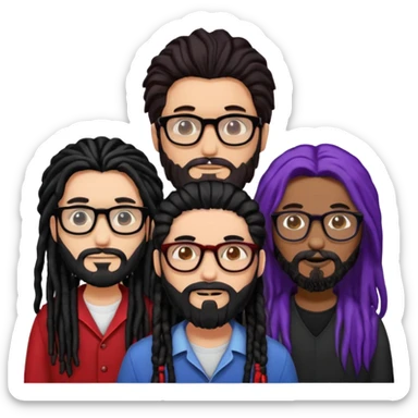 Three people standing together: on the left, a man with long hair, glasses, and a beard; on the right, a man with black dreadlocks with a red accent; in the center, a woman wearing glasses with violet-and-black hair sticker