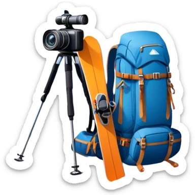 Icon for Mountain Tourism: a distant snow-capped mountain peak with skis, a snowboard, an ice axe, a backpack and a camera. The icon should convey the spirit of adventure and exploration in the mountains. Transparent background. sticker