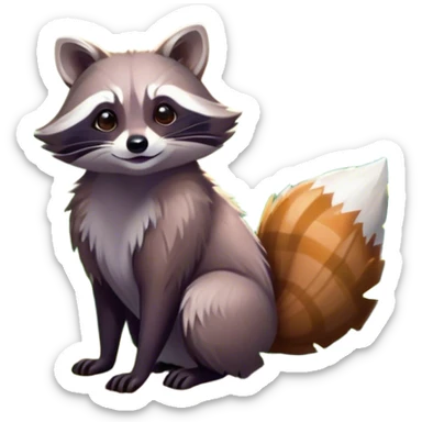 Collage of a raccoon and a fox, in close-up, surrounded by a colorful forest with rich green trees, thick bushes, and vibrant foliage. Sunlight peeks through the branches, casting warm light on the animals. A lively, natural setting with a transparent background. sticker