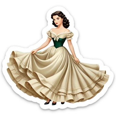Icon for Romance Movie: A vintage movie poster-style design inspired by Gone with the Wind. Include romantic, sweeping imagery like Scarlett O'Hara in a flowing dress, Rhett Butler, a plantation backdrop, and fluttering wind-blown fabric. Soft, nostalgic cinematic feel. Transparent background. sticker