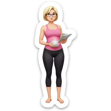 Full body view from the side, fair skinned woman, curvy, short blond hair, small reading glasses, cooking dinner in kitchen, pink loose tank top, showing natural B cup breast shape SFW, black yoga pants, large curvy booty sticker