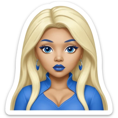 Lil Kim with long platinum blonde hair, blue lip and outfit sticker
