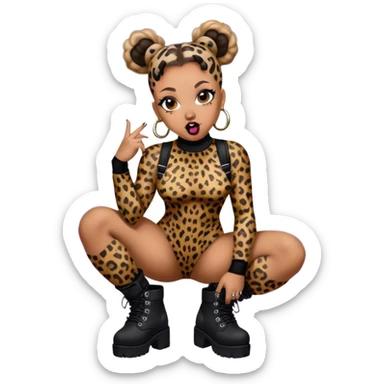 Melanie Brown with her hair in space buns and wearing a tight leopard print bodysuit and black combat boots, she’s showing off her tongue ring sticker