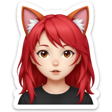 cute anime girl with cat ears, red blowing hair sticker