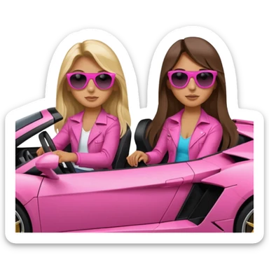 Add sunglasses Make car far away so I can see full car Car facing forward in sports car. Make hair long  two girls in car far away Front of car sitting in the seats. Make it a pink sports car. They are two baddies make it a Lamborghini pink car  sticker