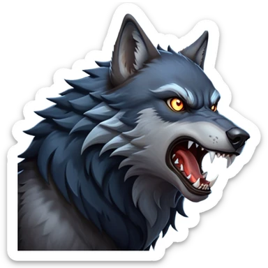 cinematic-noble-fierce-werewolf-howling-portrait-emoji, poised-and-imposing, with a fierce wolfish face tilted upwards in a haunting howl, glowing eyes full of primal ferocity, sharp, and a rugged snout, fur rippling in shades of midnight black and silver, muscles tensed as the powerful howl echoes beneath the moonlit sky; rendered with realism, capturing the raw, untamed power of the beast in its wild, primal state sticker