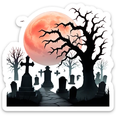 Icon for Horror Movies: A chilling collage with a monstrous werewolf or vampire, dark silhouettes, eerie graveyards, and creepy elements like spiders and tombstones. Ghostly fog surrounds, with a blood-red moon in the sky. The atmosphere is unsettling, eerie, and haunting. Transparent background. sticker